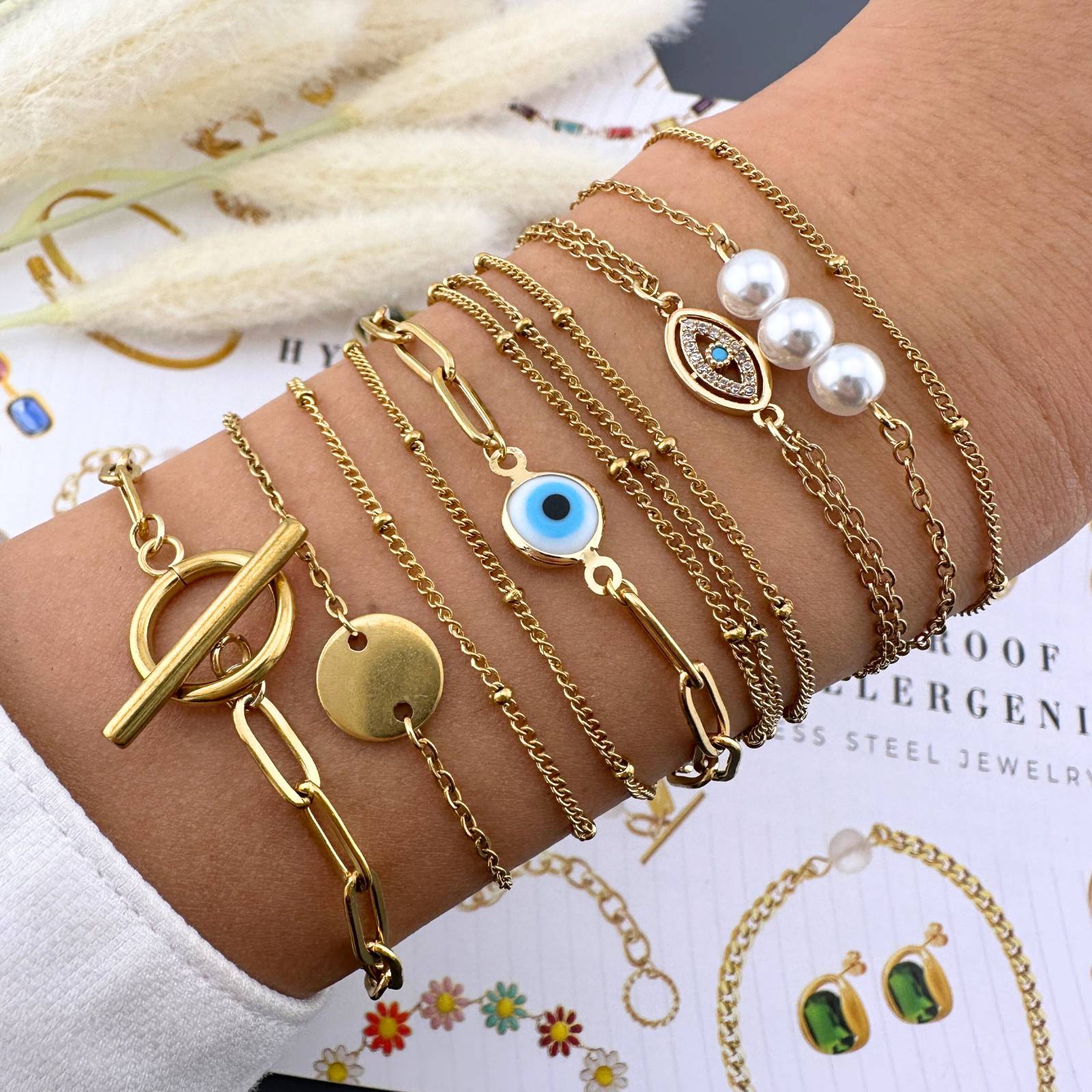 Evil Eye Bracelet, 18K Gold Plated Steel