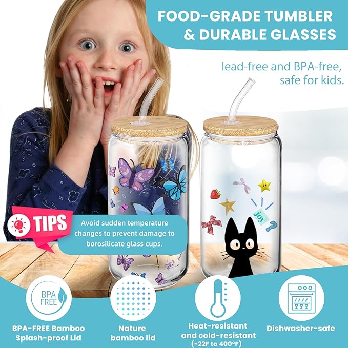 Custom Glass Cup with Lid and Straw with Photo or Text