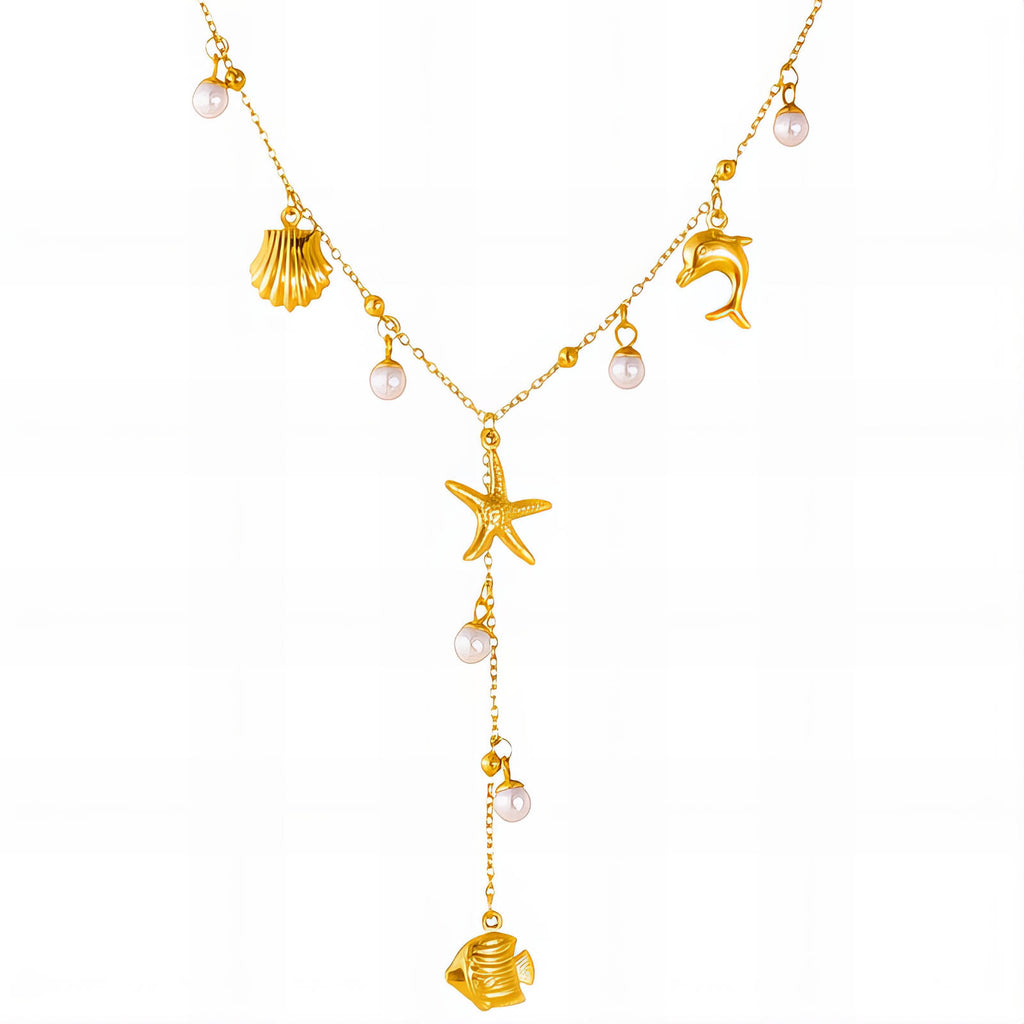 Starfish and Seashell Necklace, 18K Gold Plated Steel
