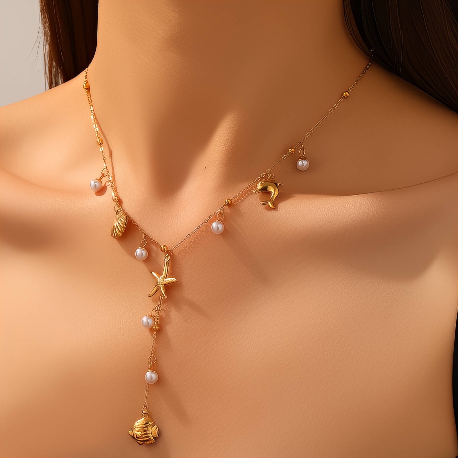 Starfish and Seashell Necklace, 18K Gold Plated Steel