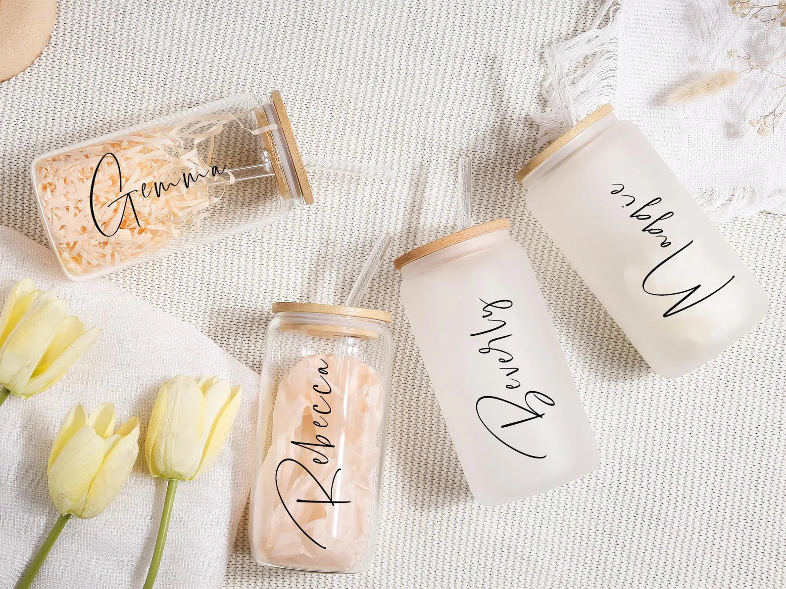 Custom Glass Cup with Lid and Straw with Photo or Text