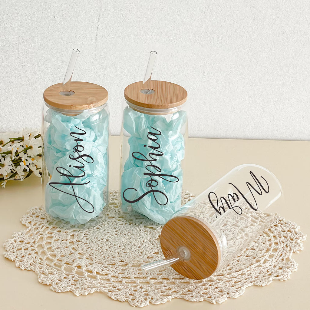 Custom Glass Cup with Lid and Straw with Photo or Text