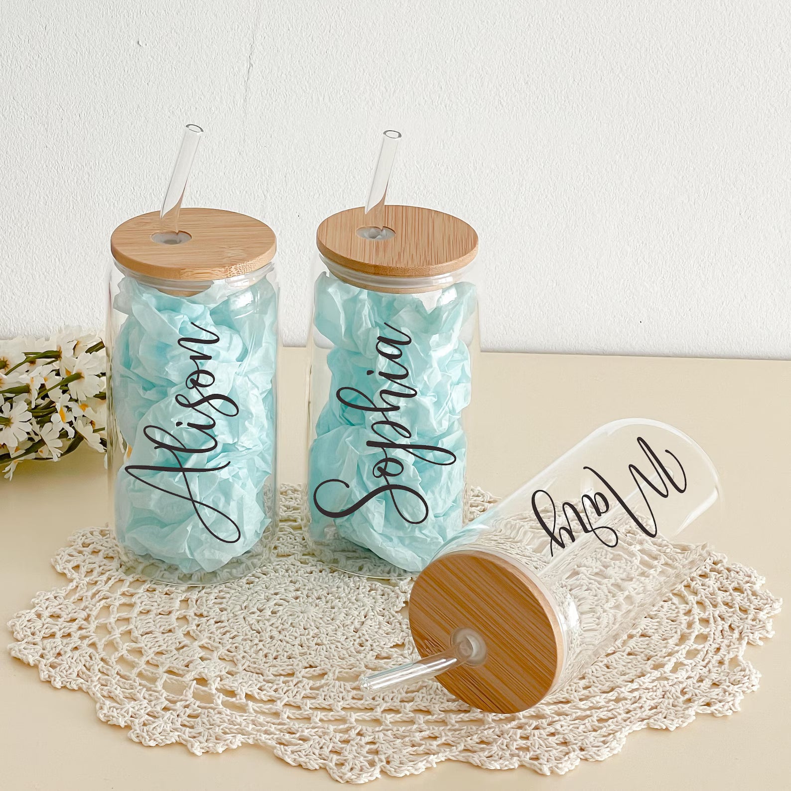 Custom Glass Cup with Lid and Straw with Photo or Text